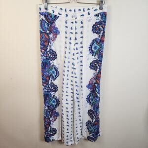 W For Woman Rayon Culotte Pants Boho Side Split Paisley Size 10 White Blue